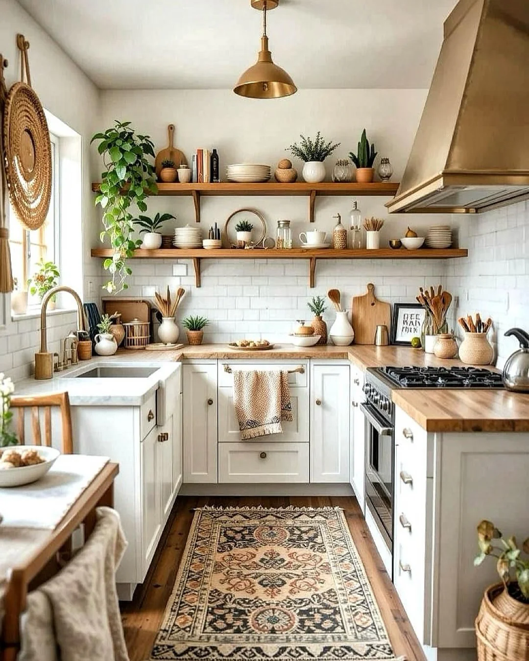 White & Warm Wood Bohemian Kitchen with Brass Accents
