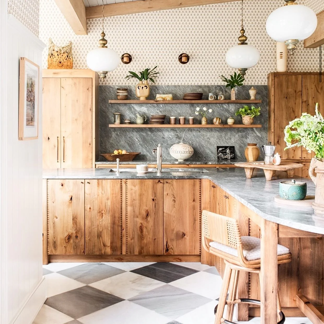 Earthy Wood & Stone Bohemian Kitchen with Neutral Layers