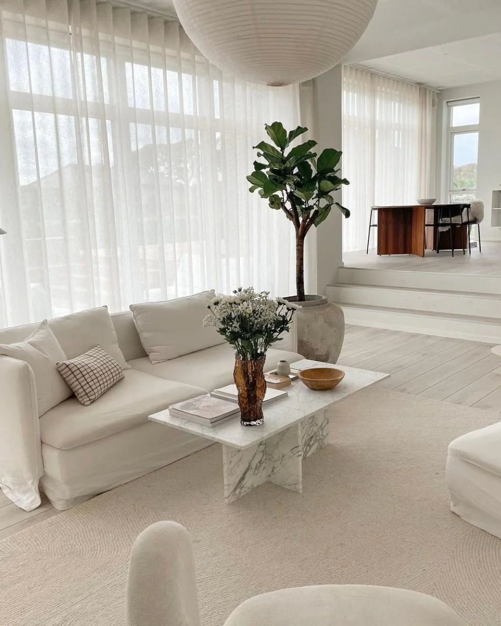 Airy Modern Living Room in Soft White and Stone