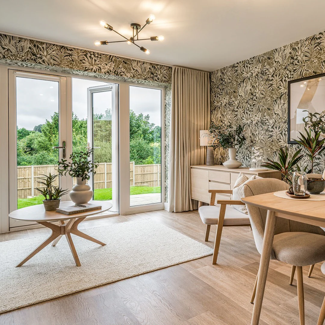 Botanical-Themed Open Living Space in Soft Neutral Palette