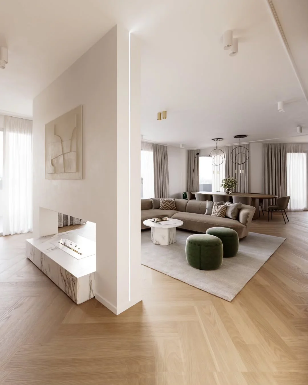 Refined Open Floor Plan with Cream and Forest Green Accents