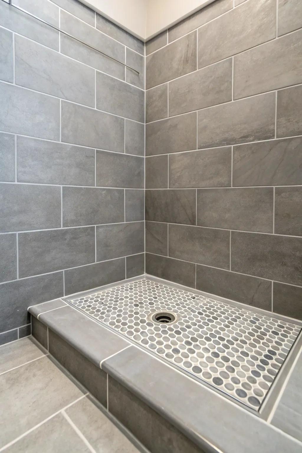 Large gray tiles on a shower pan offer a seamless and modern appearance.