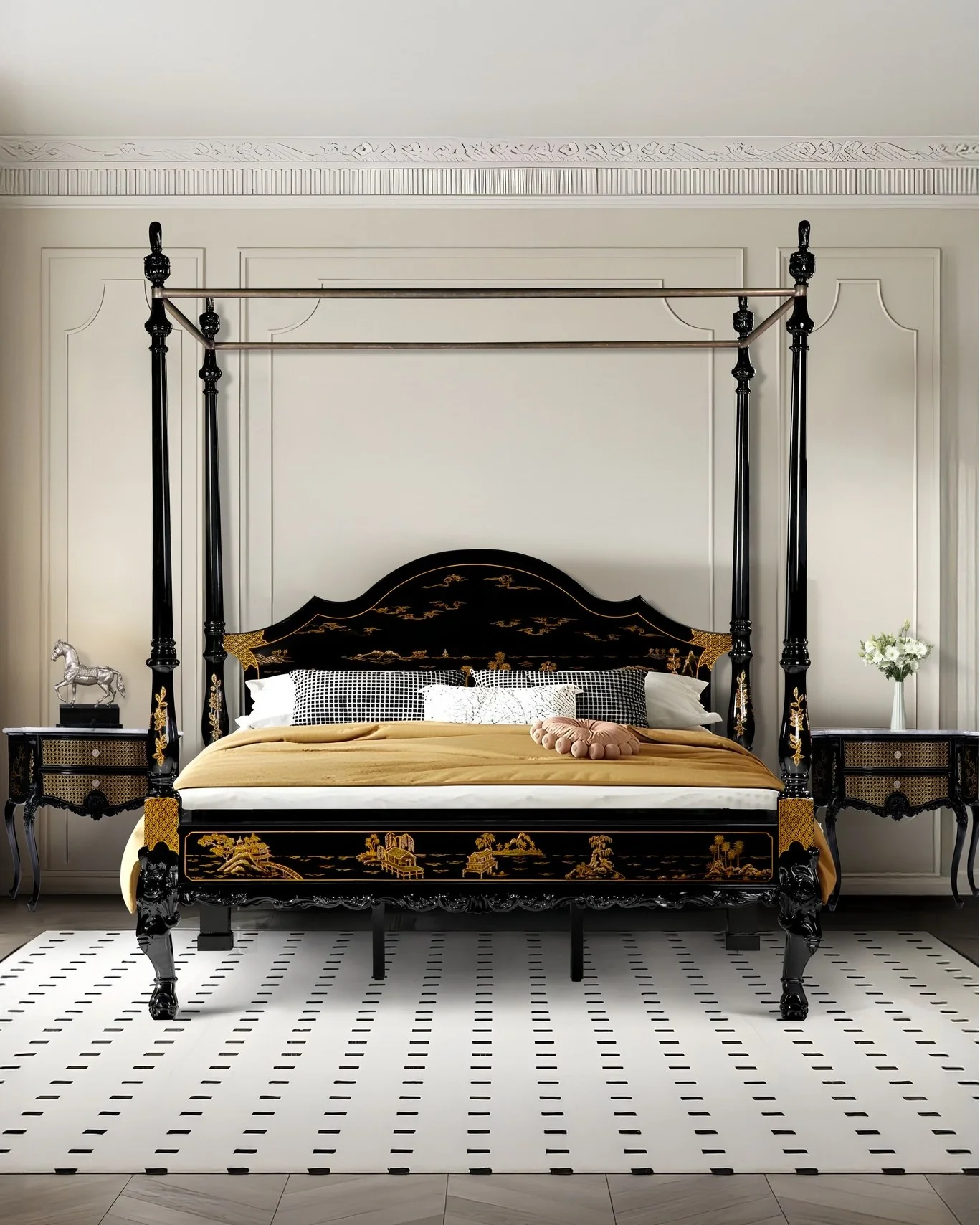 Bold Four-Poster Bedroom with Black and Gold Elegance