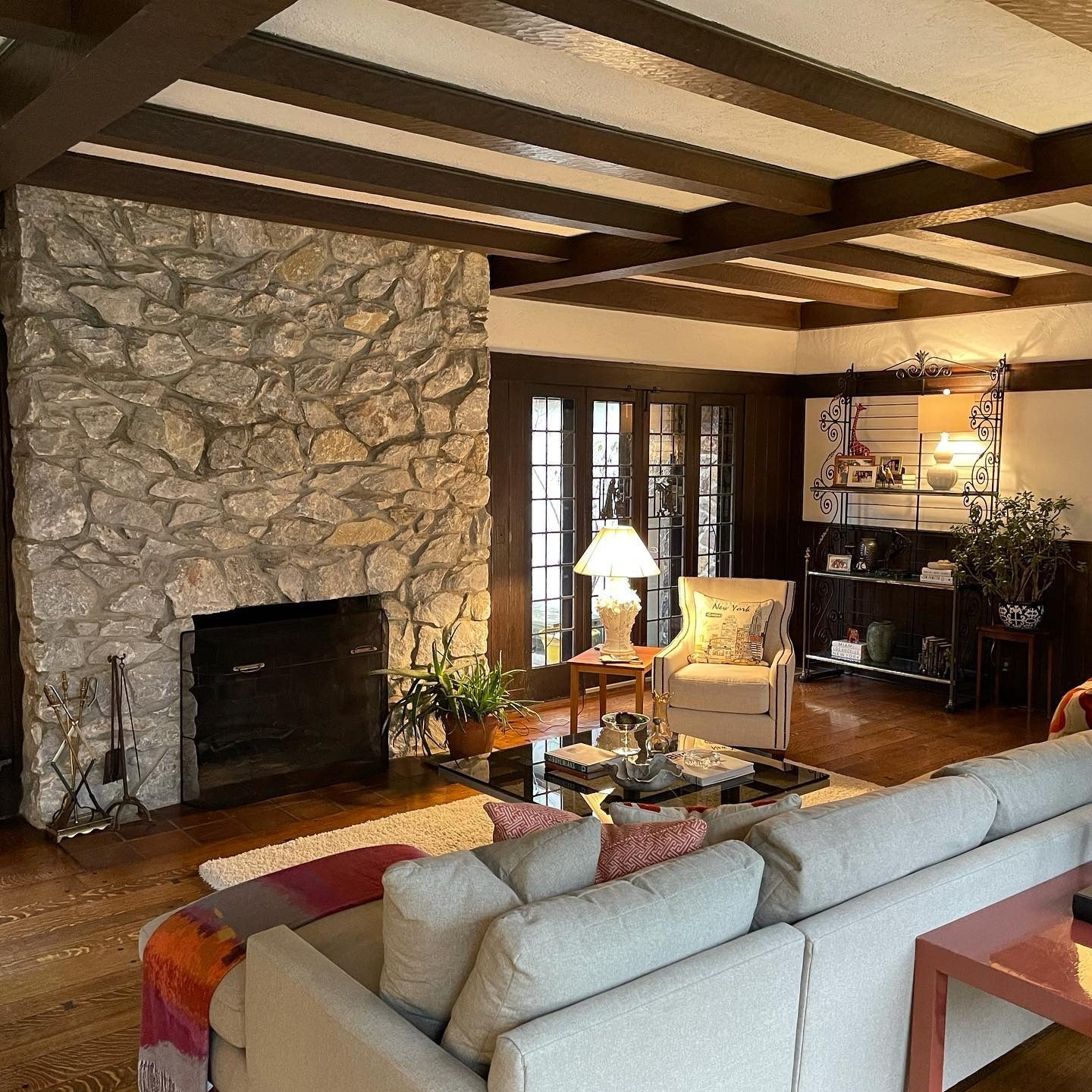 Timeless Family Room with Taupe Walls and Warm Wood (Stone Fireplace Living Room Ideas)