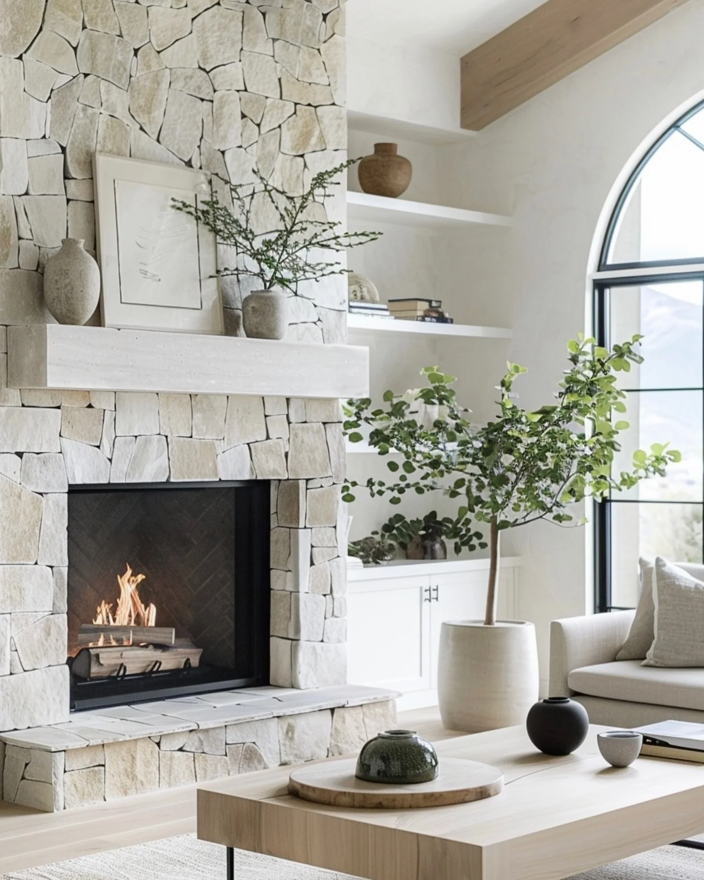 Bright Transitional Space with Natural Elements (Stone Fireplace Living Room Ideas)