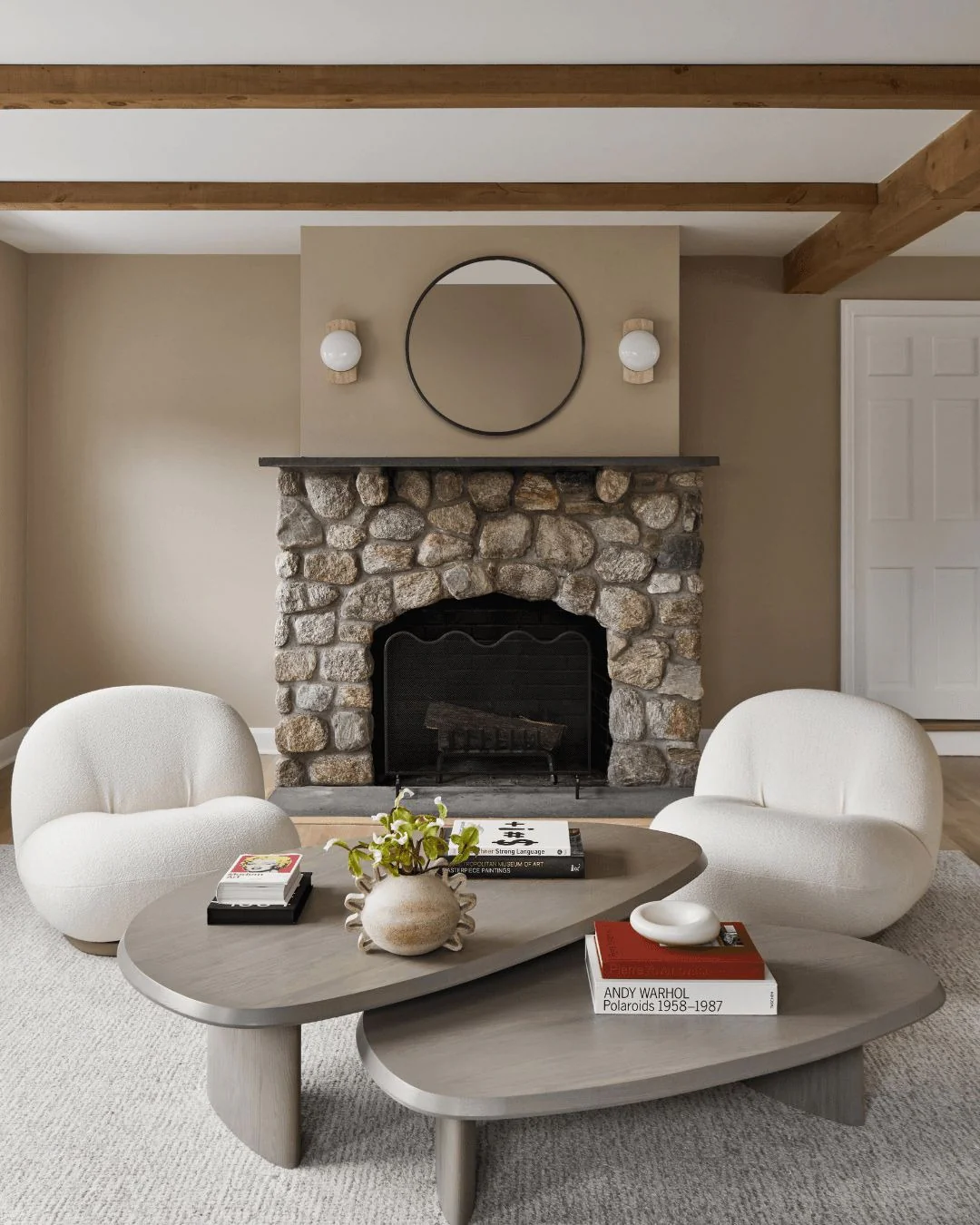 Minimalist Cozy Space with Rounded Silhouettes (Stone Fireplace Living Room Ideas)