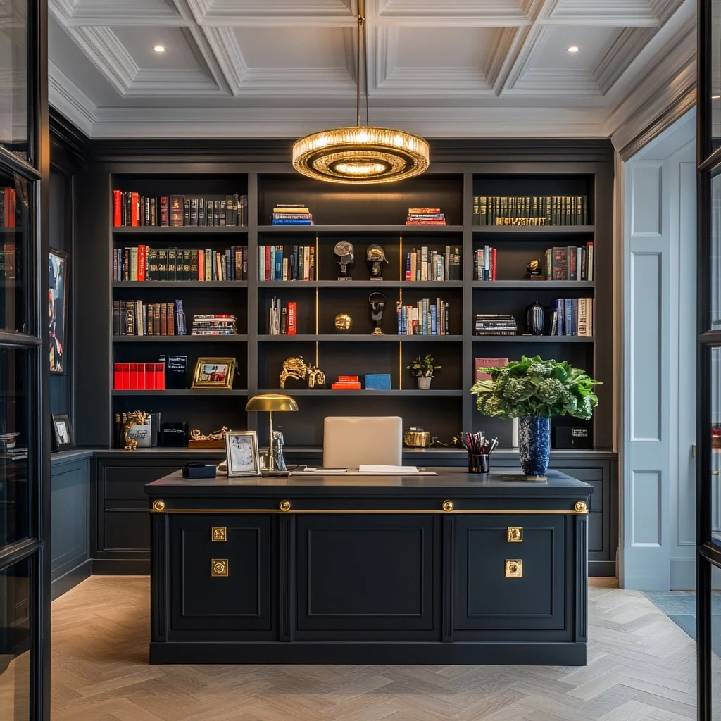 Charcoal Walls and Brass Accents with a Statement Black Desk