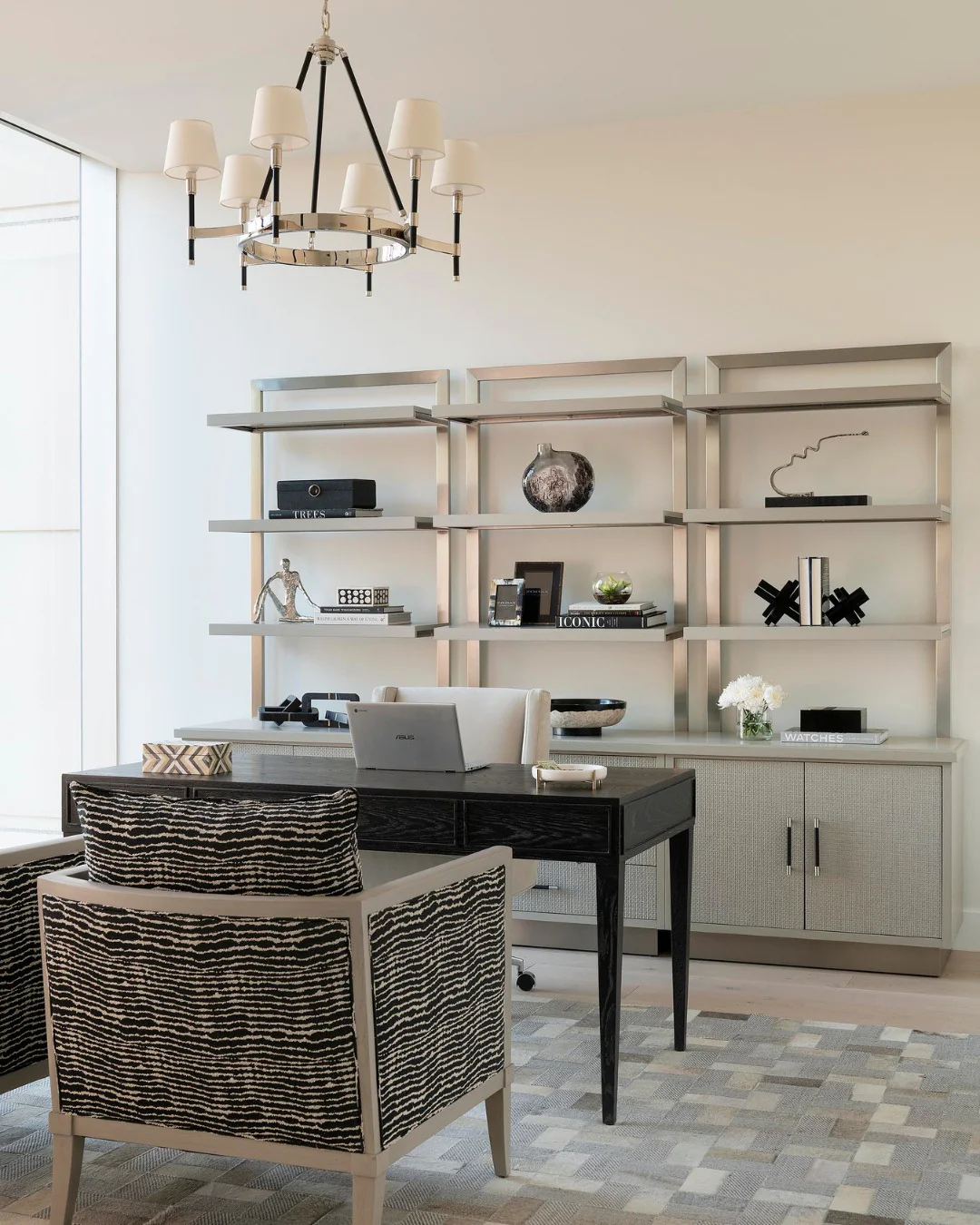Contemporary Office with Black Desk and Metallic Shelving
