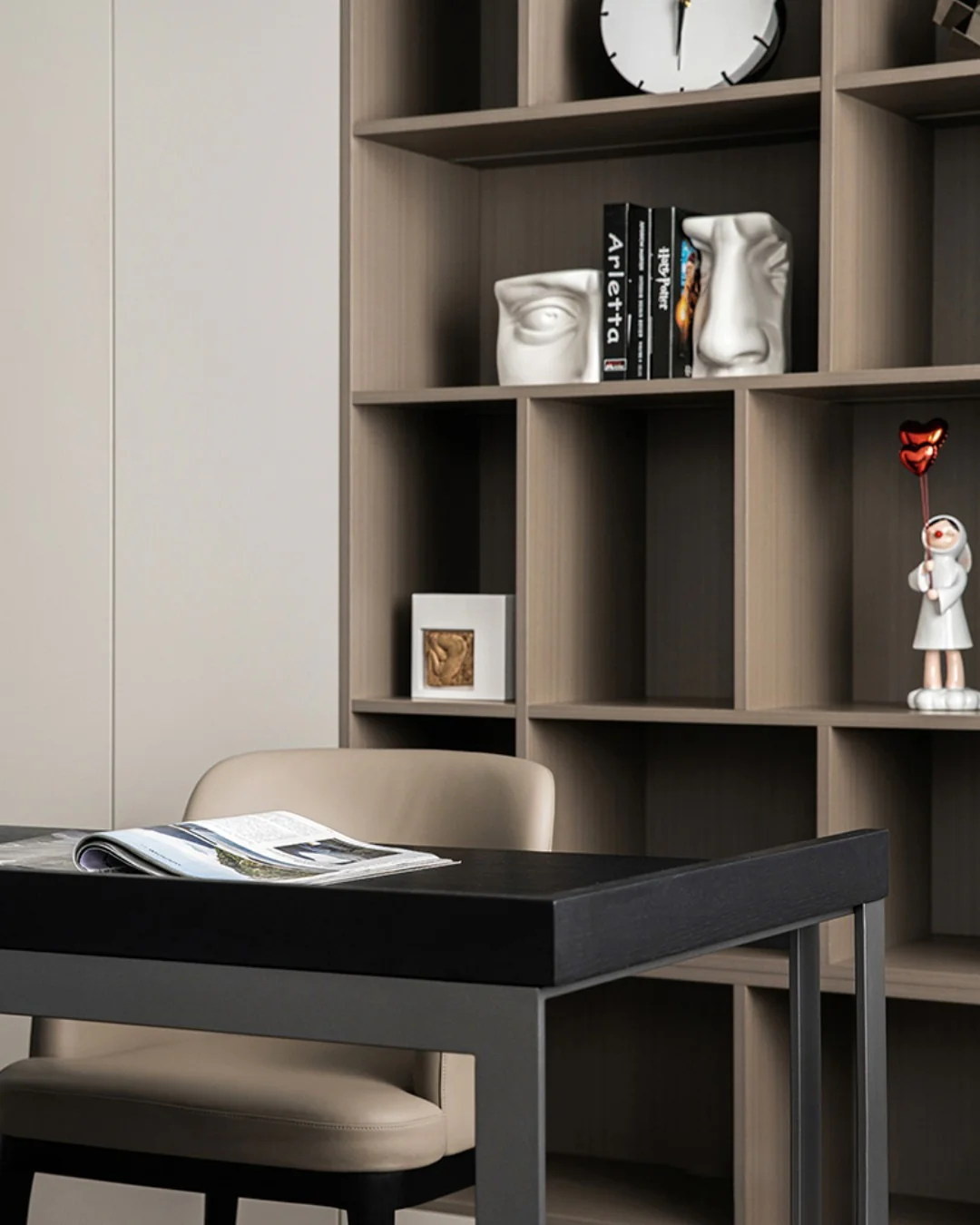 Streamlined Black Desk with Soft Taupe Shelving