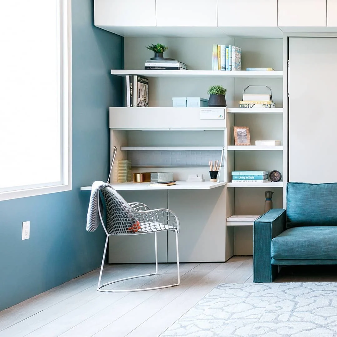 Integrated Desk with Calming Blue and Crisp White Palette (Tiny Home Office Ideas)