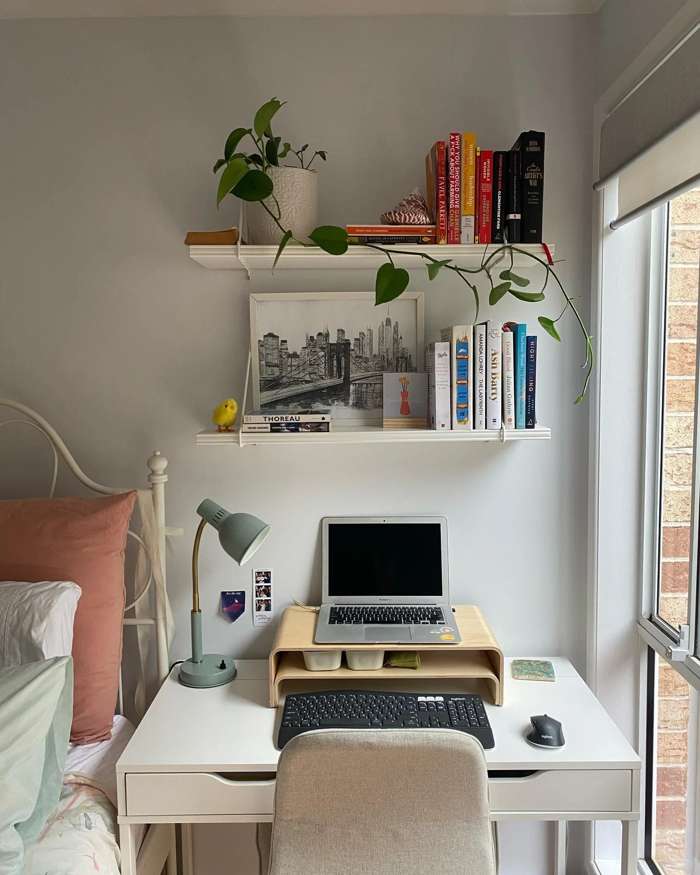 Simple Desk Nook with Neutral Palette and Flowing Greenery (Tiny Home Office Ideas)