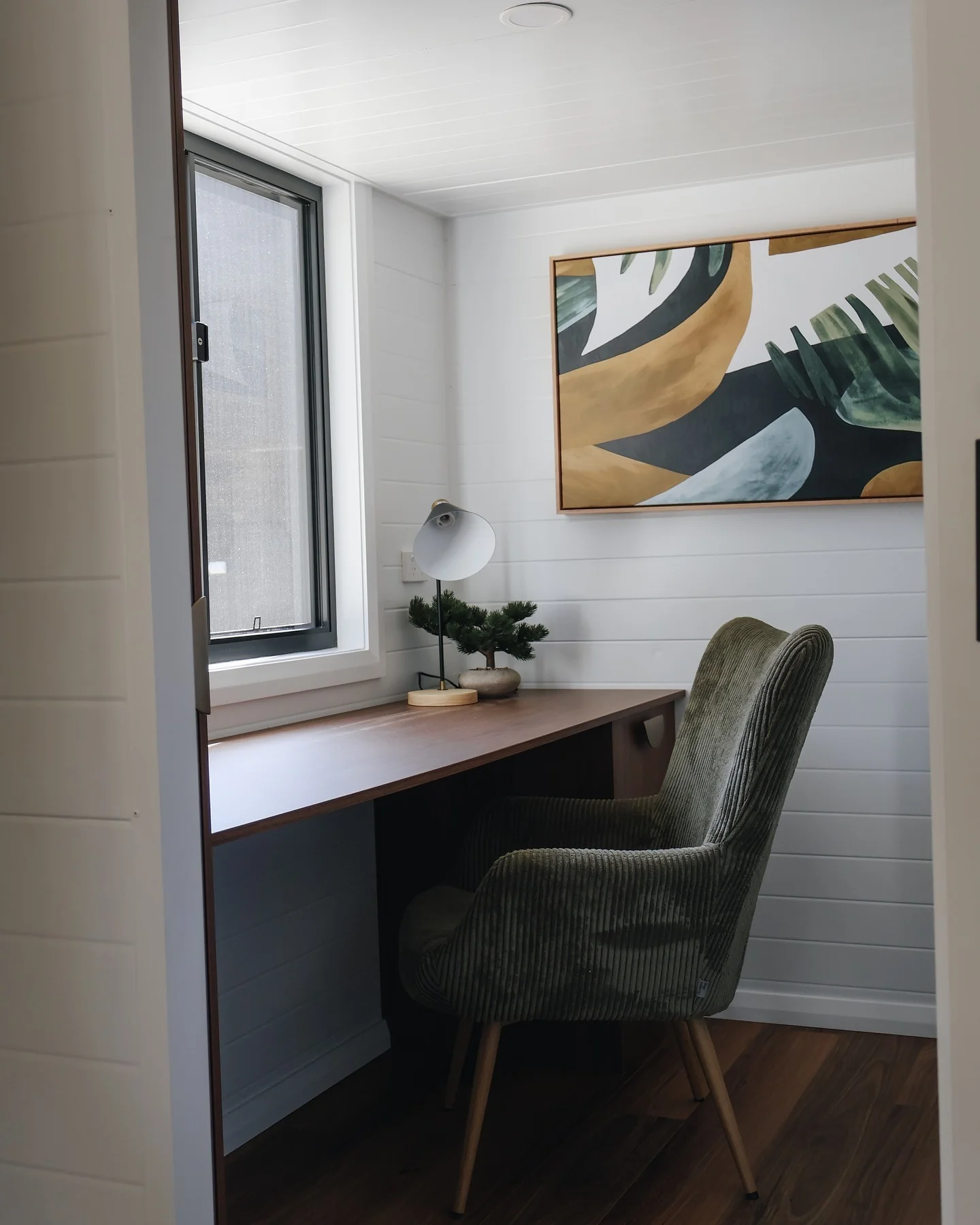 Minimalist Desk Alcove with Deep Green and Walnut Accents (Tiny Home Office Ideas)