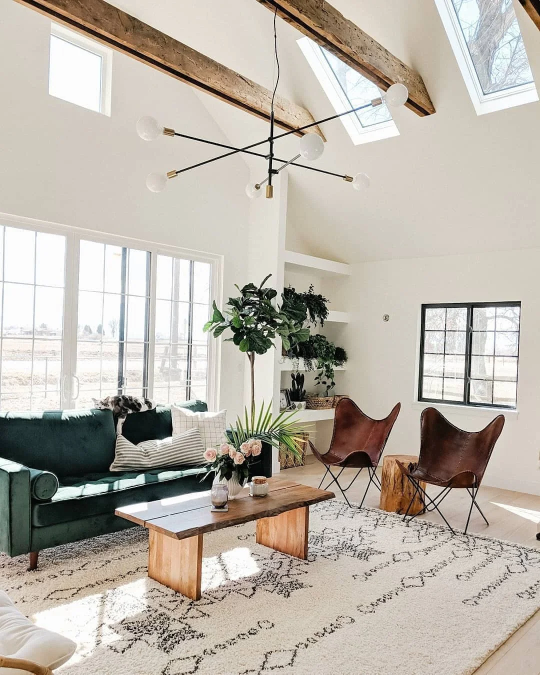 Spacious Loft Living with Green Velvet and Natural Wood Elements (Urban Living Room Ideas)