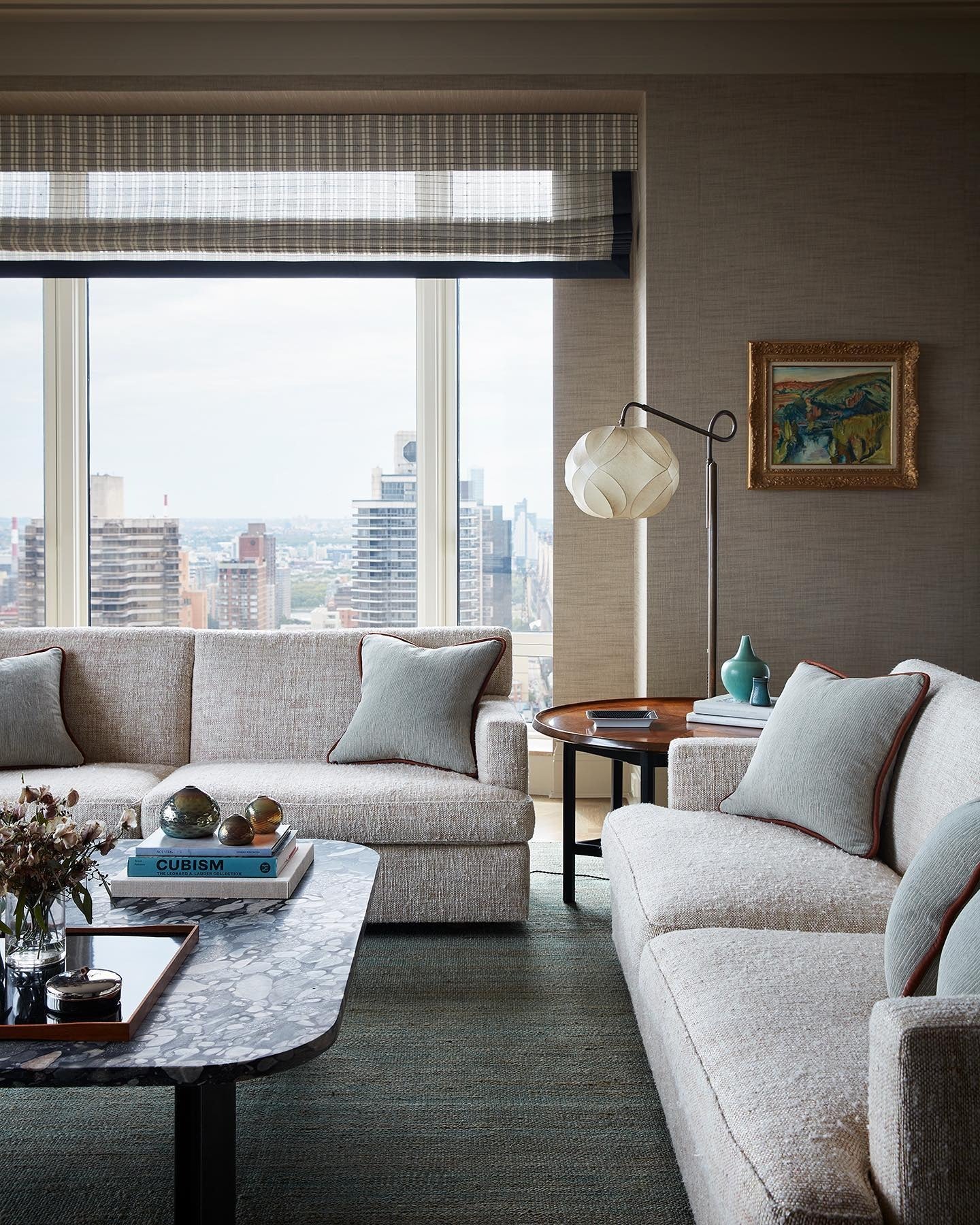 Elegant City Living with Soft Gray Tones and Marble Details (Urban Living Room Ideas)