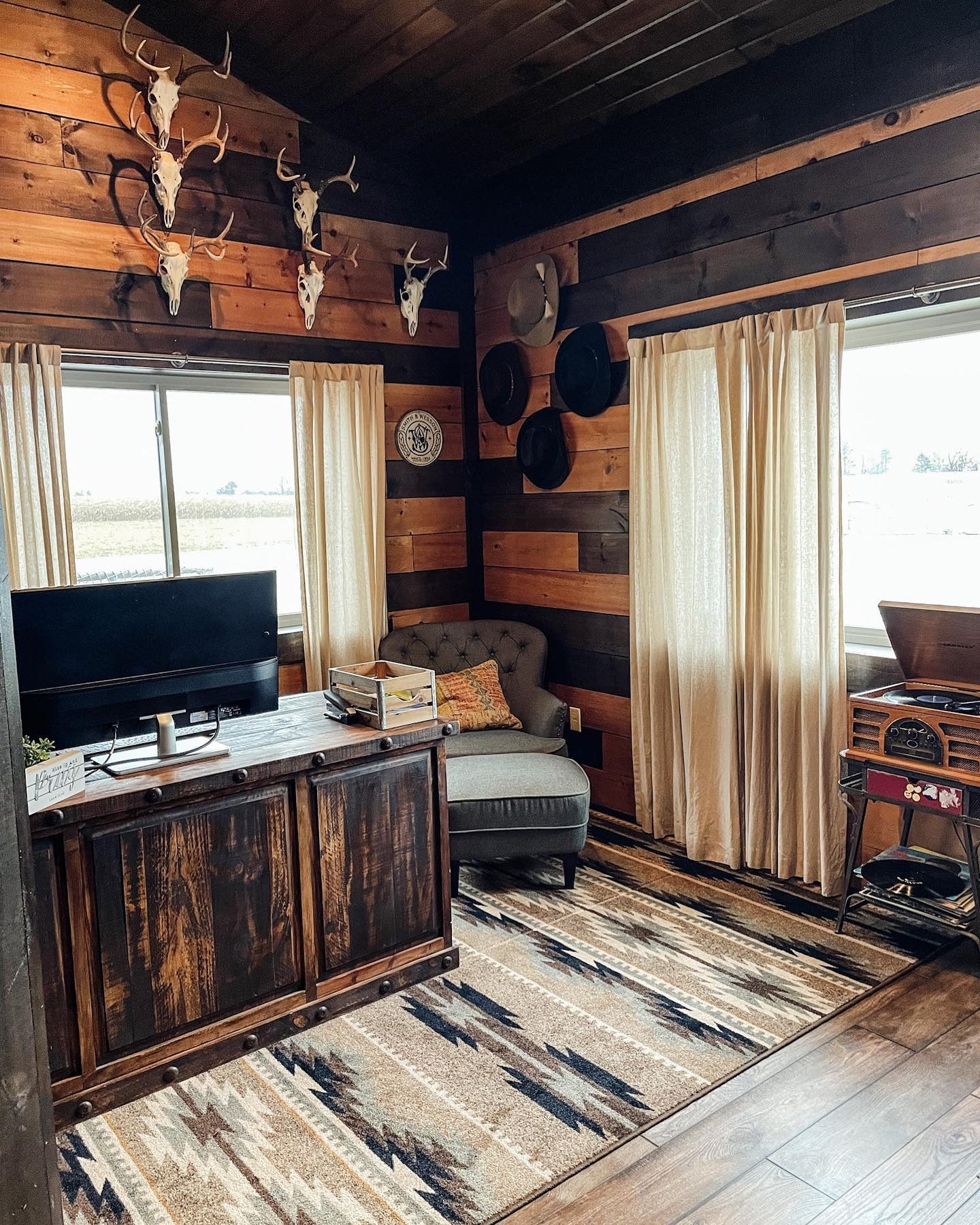 Inviting Nook with Wood Paneling and Trophy Displays (Rustic Office Ideas)