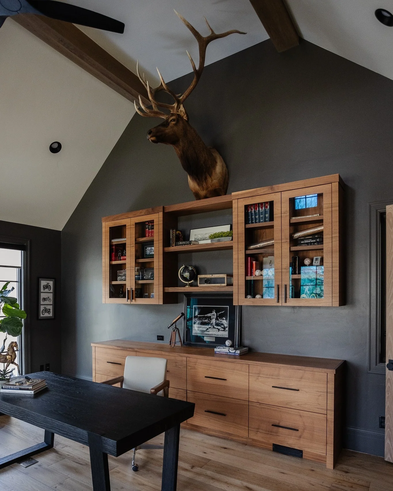 Sophisticated Charcoal and Wood Office with Elk Mount (Rustic Office Ideas)