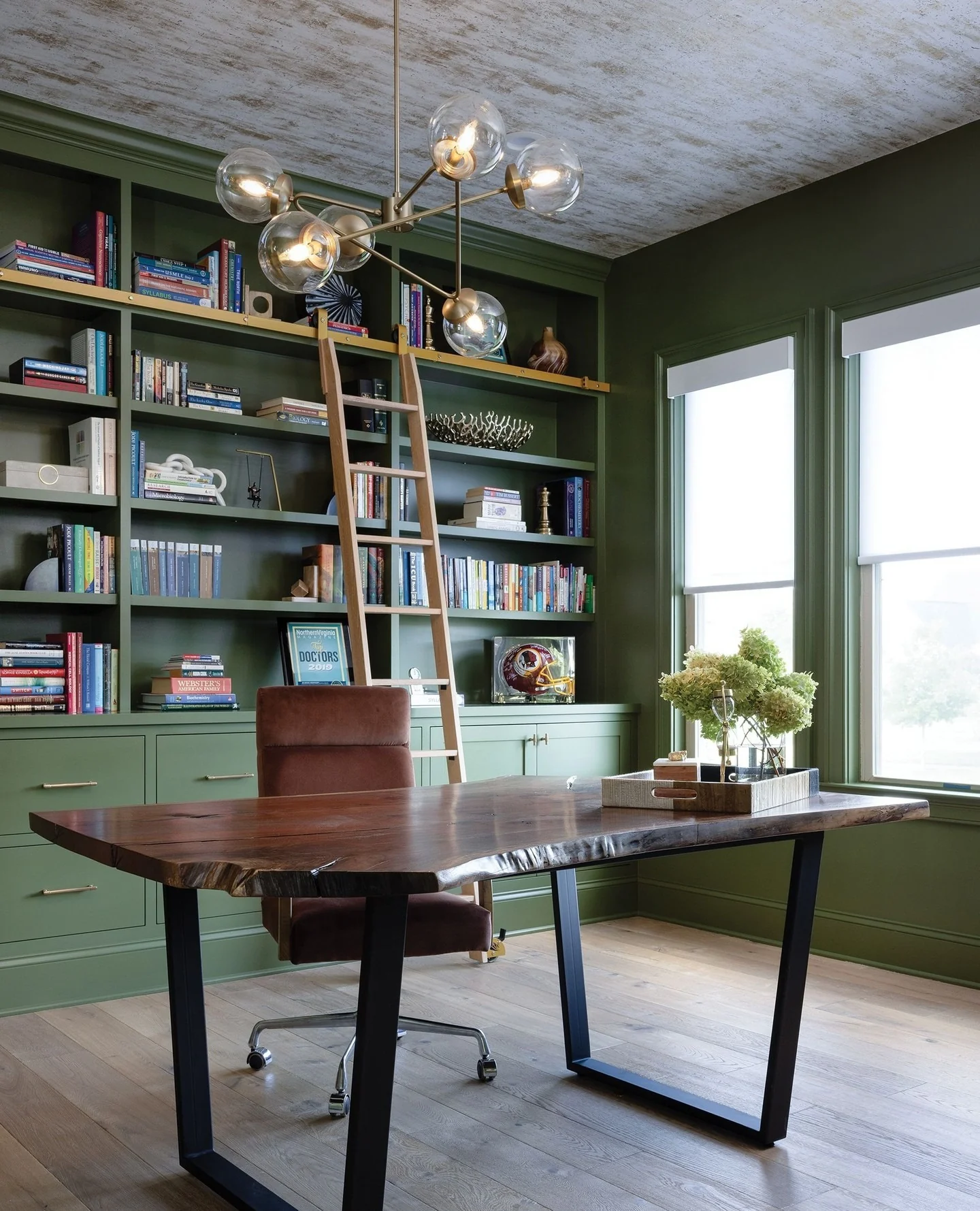 Earthy Library Office with Olive Green Shelving and Live-Edge Desk (Rustic Office Ideas)
