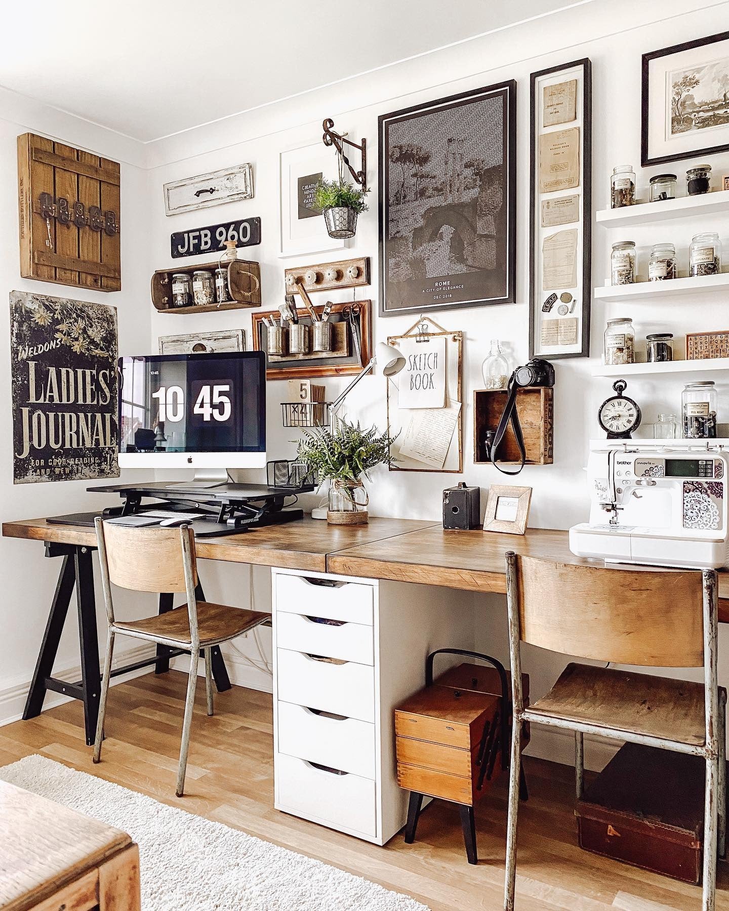 Vintage Gallery Wall with Natural Wood and White Accents (Rustic Office Ideas)