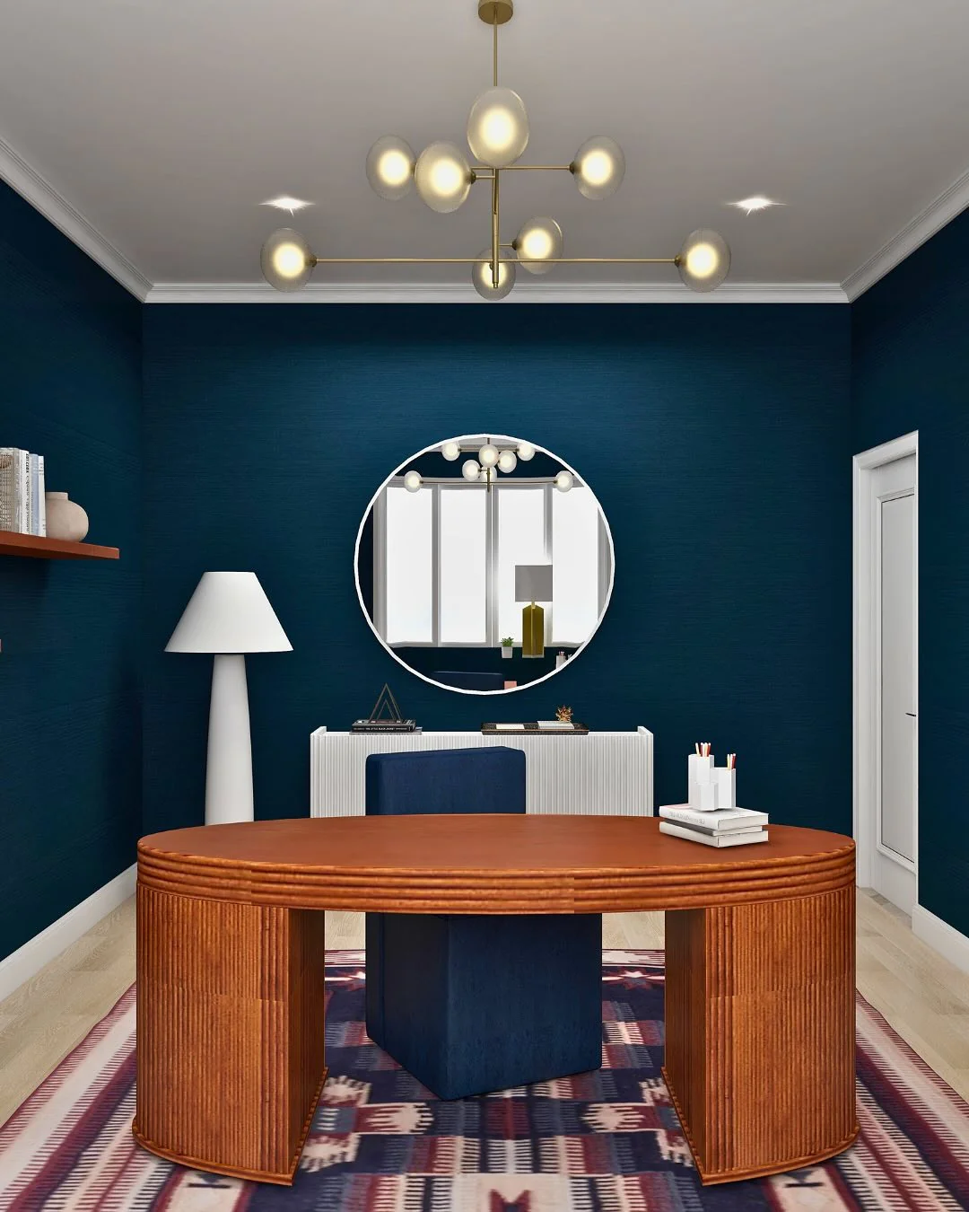 Elegant Navy Tones Enhanced by Artistic Lighting (Office Design Ideas)