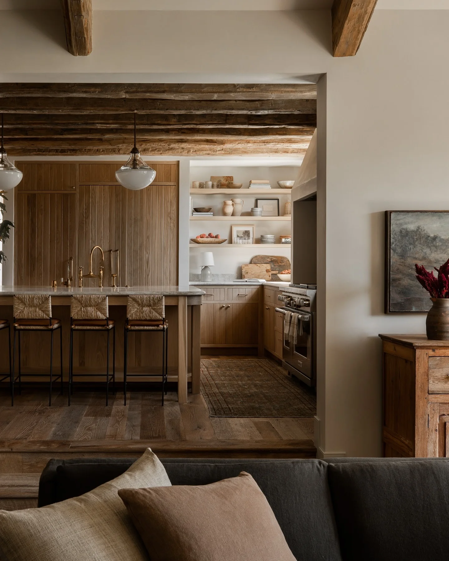 Rustic Charm Enhanced by Golden Details (Kitchen and Living Room Ideas)