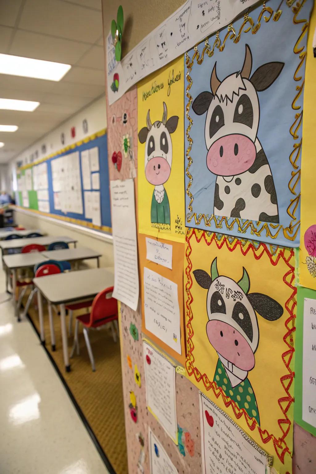 A'Create Your Own Cow' bulletin board featuring student artwork