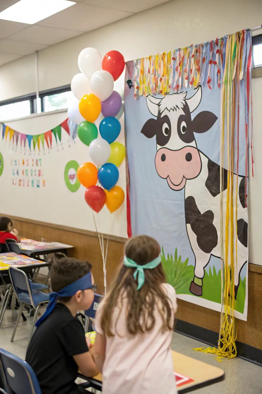 A'Pin the Tail on the Cow' game setup for classroom fun