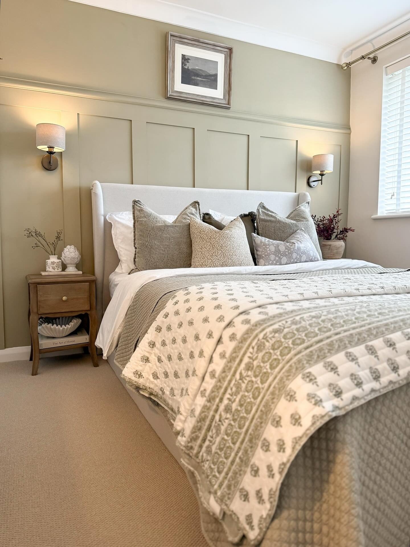 Olive Green Accents with Neutral Warmth (French Country Bedroom Ideas)