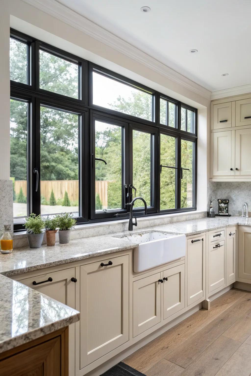 Modern elegance with black-framed windows.