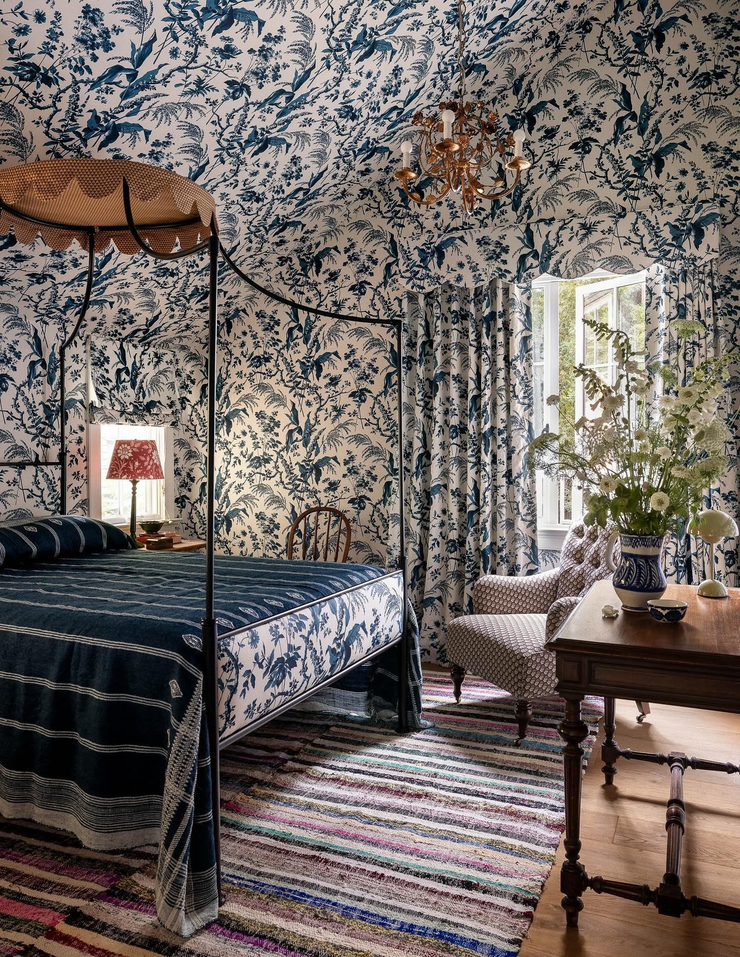6. Dramatic Indigo Botanicals (Wallpaper Ideas for Bedroom)