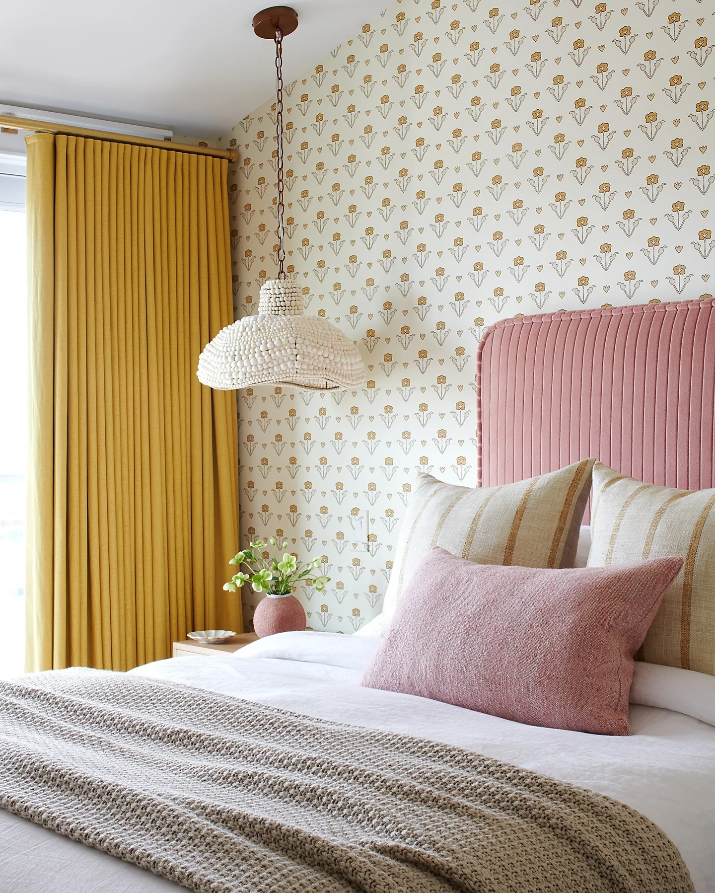 12. Retro-Inspired Mustard and Blush Bloom (Wallpaper Ideas for Bedroom)