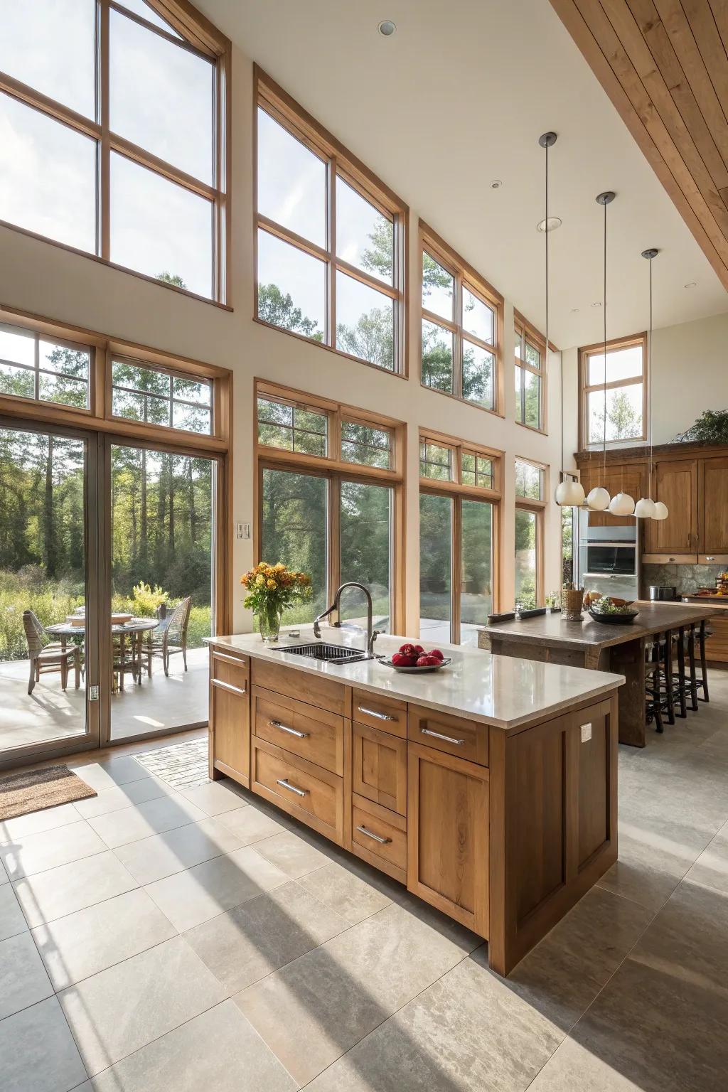 Open spaces and large windows for an airy kitchen atmosphere.