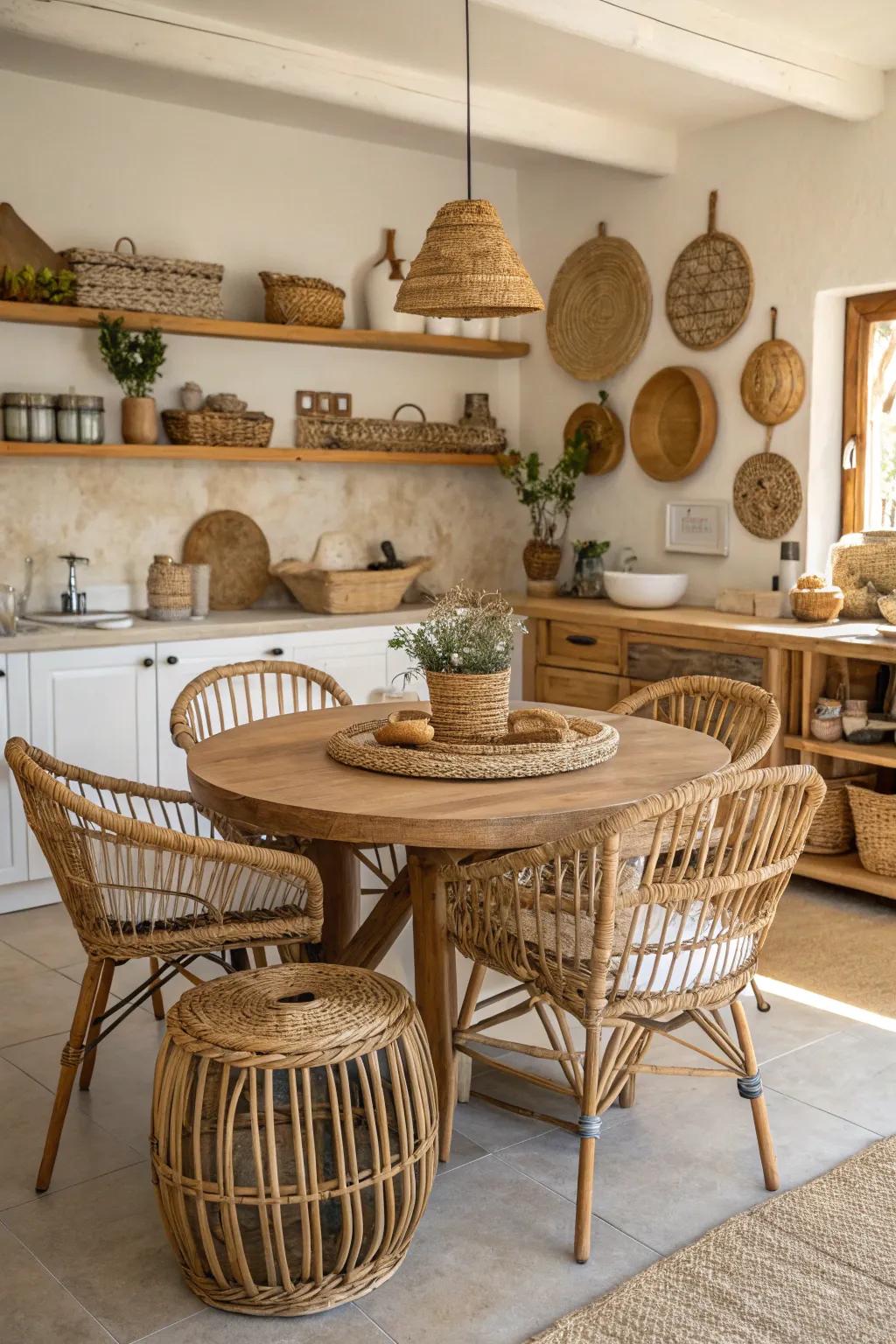 Woven textures add a light and airy feel to the kitchen.