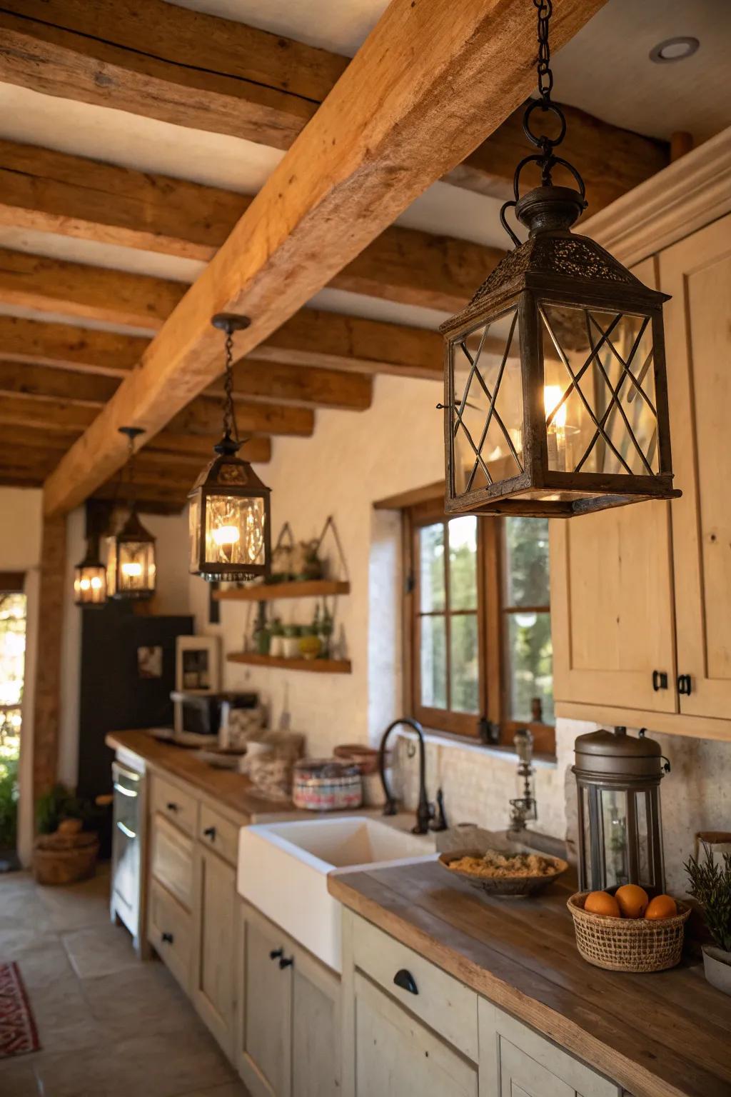 Vintage accents add a rustic charm to the kitchen.