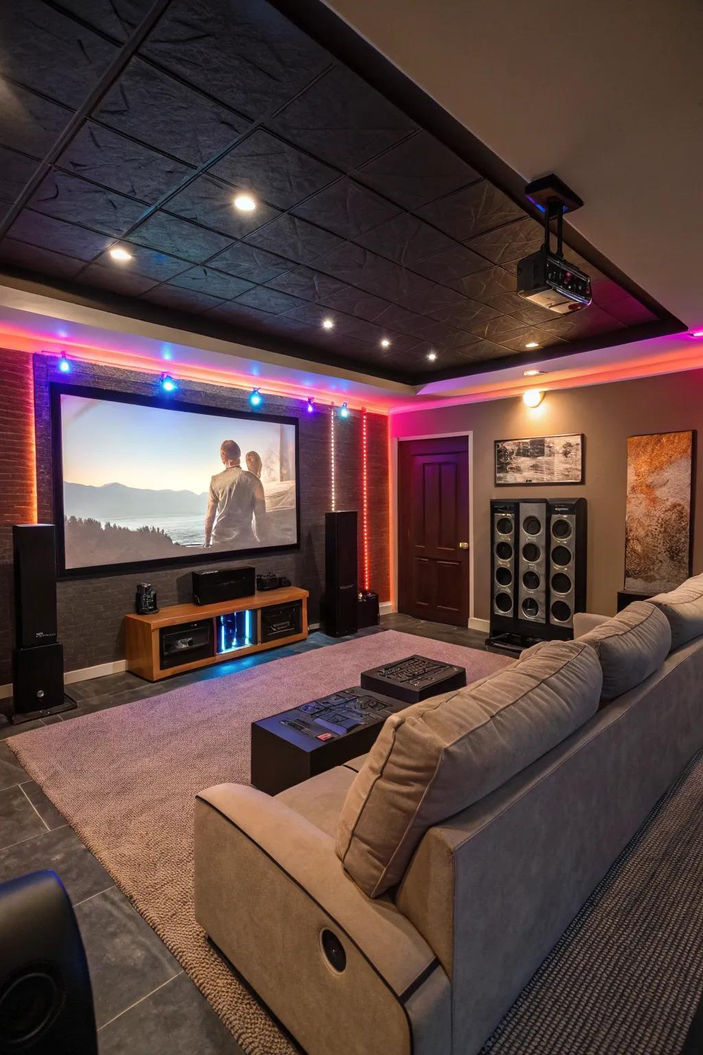An immersive home theater setup with a large screen and surround sound.