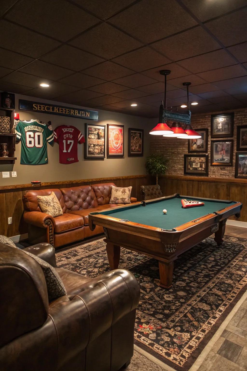 A stylish pool table nook for entertainment in a man cave.