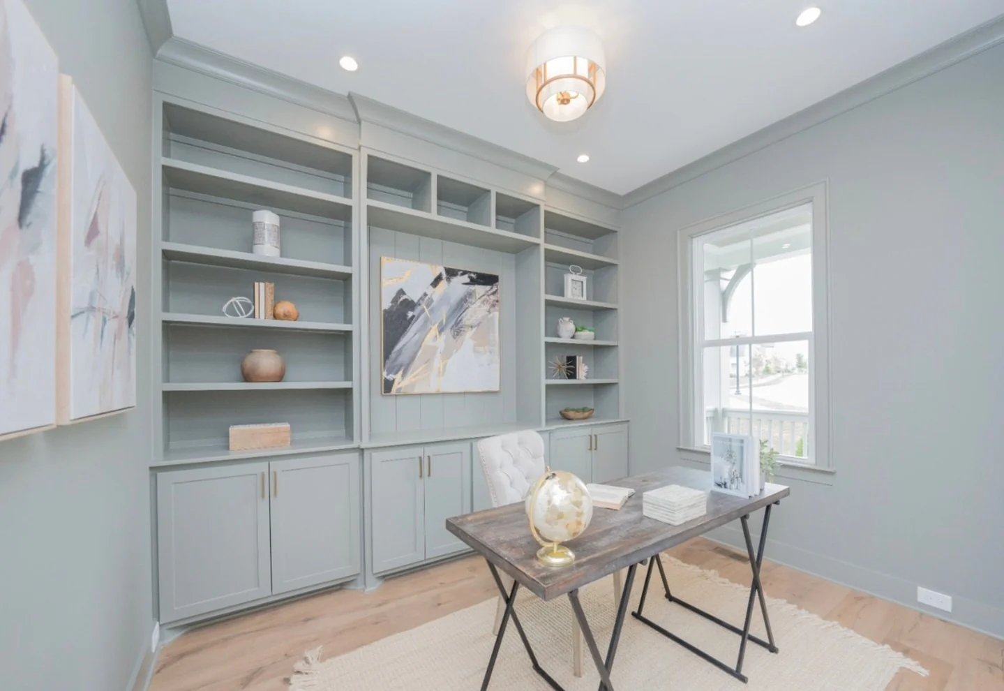 Calm Sage Built-In Office with Contemporary Art