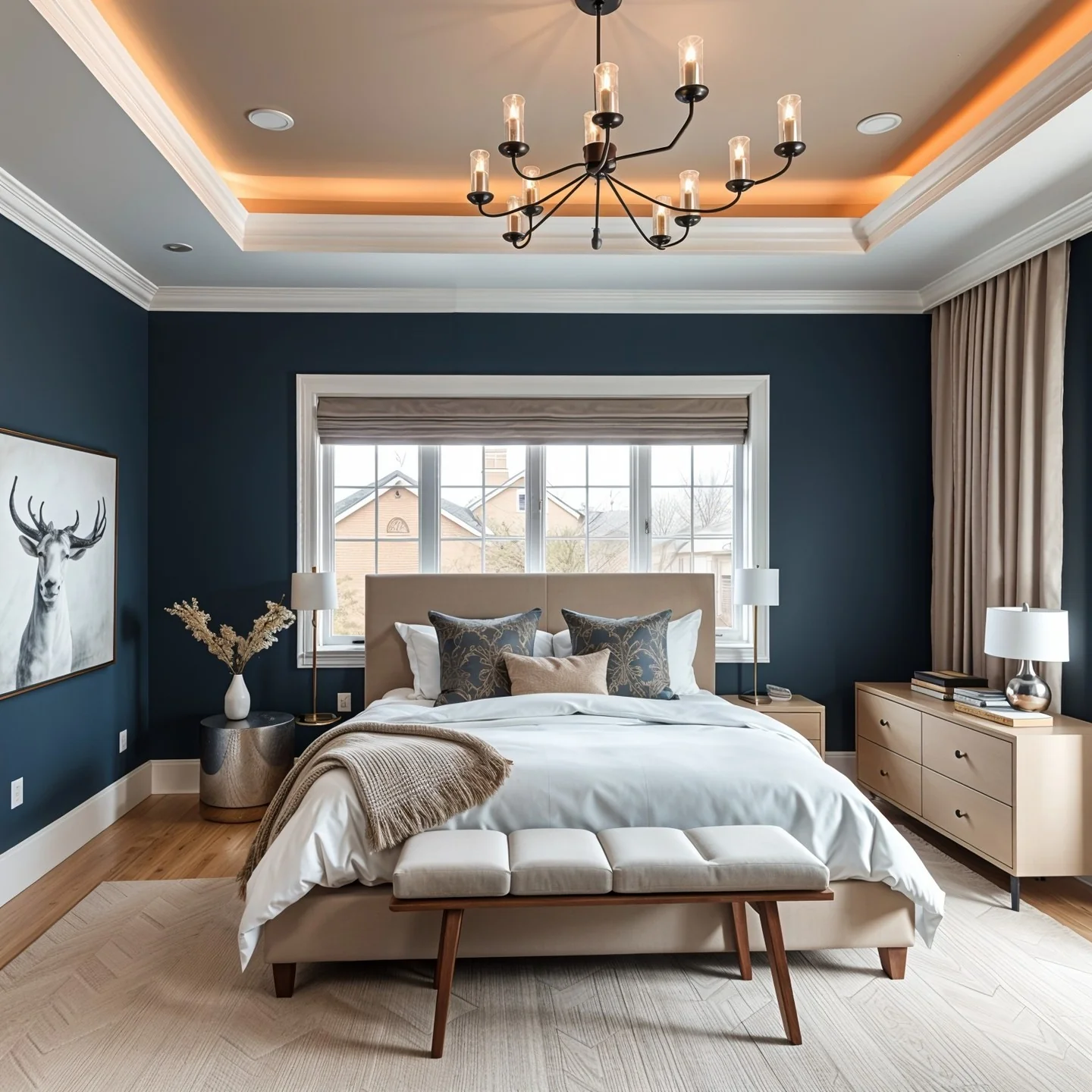 Elegant Navy Bedroom with Warm Neutrals