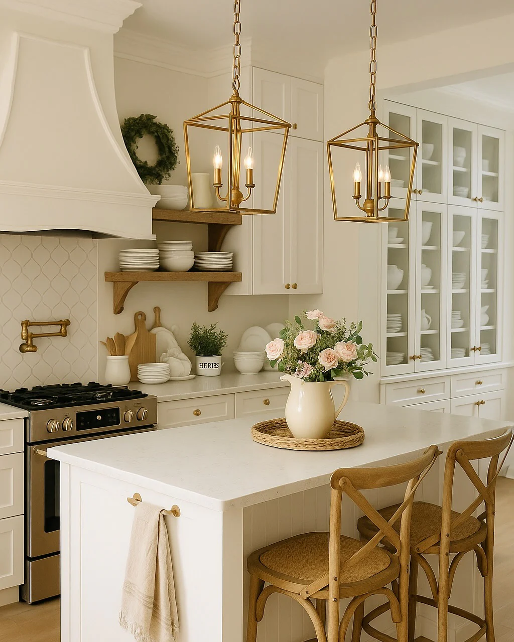 Crisp White Palette Enhanced by Warm Wood Details (Kitchen Centerpiece Ideas)