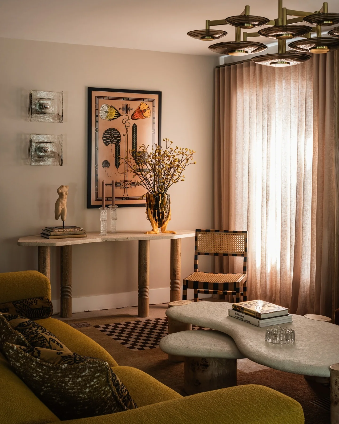 Eclectic Living Room with Mustard Sofa and Gold Accents