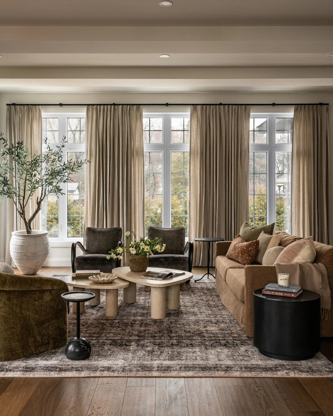 Earthy Brown Seating with Golden Drapery