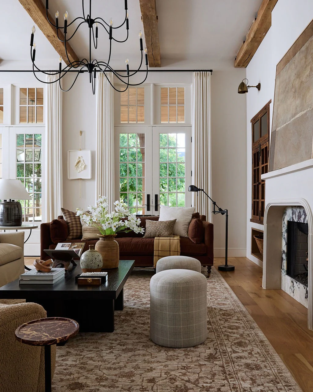 Rustic Living Room with Wood Beams and Brass Accents