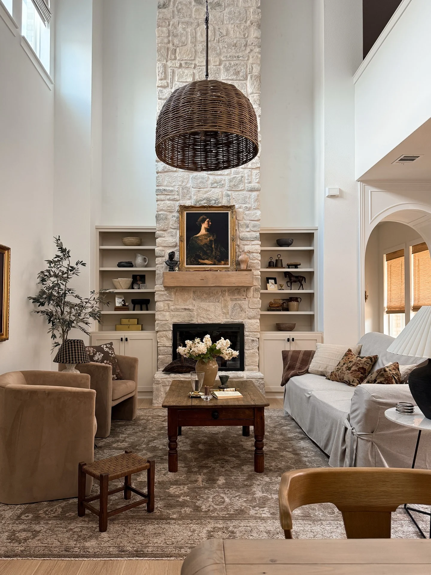 Rustic Stone Fireplace with Brown and Gold Accents