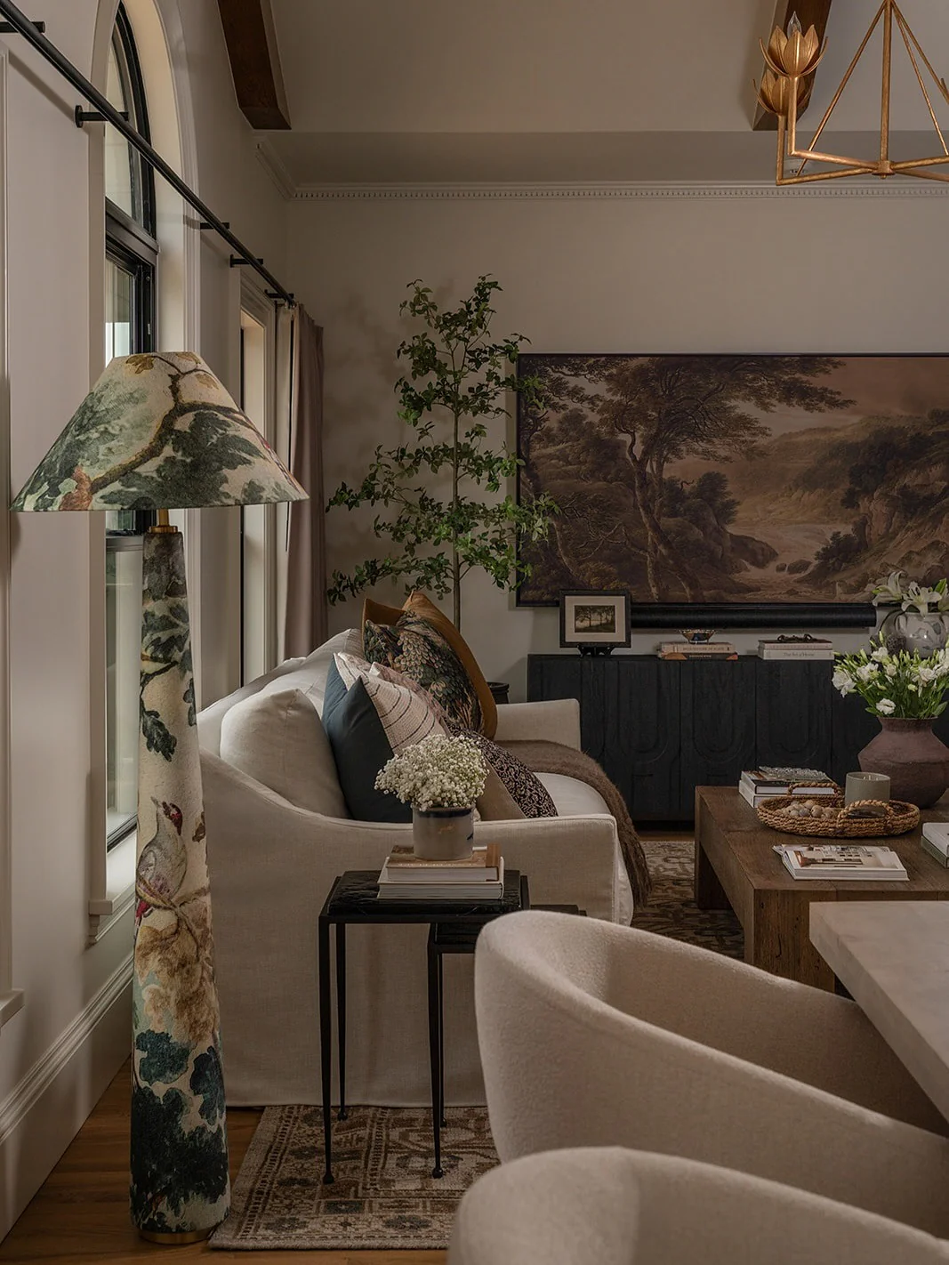 Classic Living Room with Linen Sofa and Gold Lighting