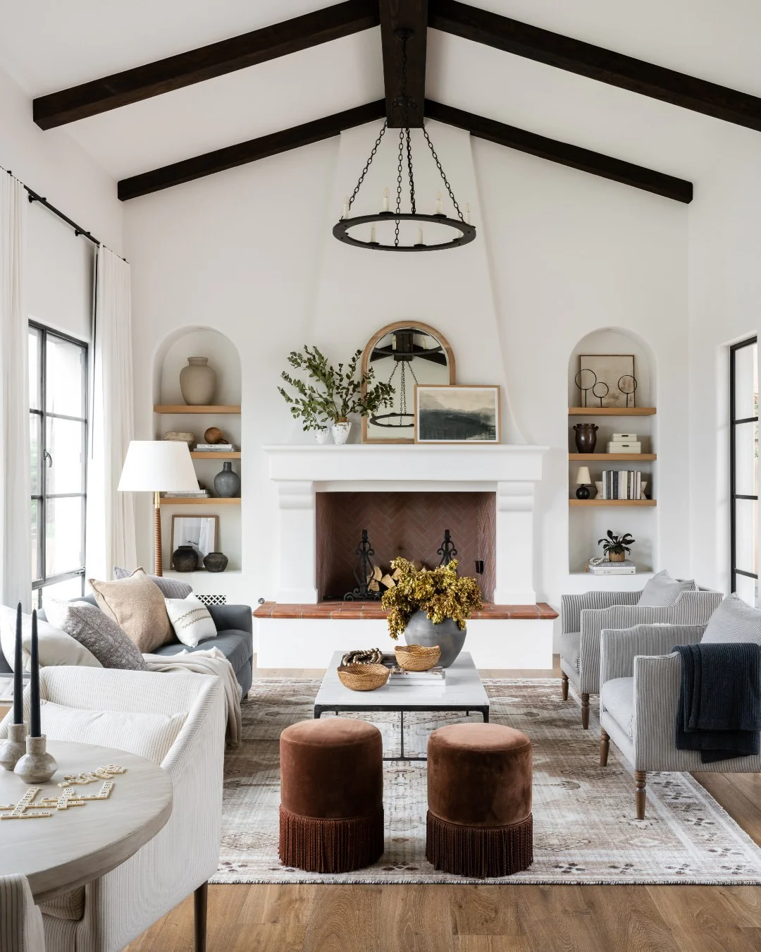 Classic Living Room with Exposed Beams and Gold Accents