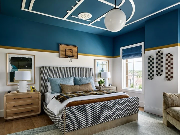 Unique Court Ceiling with Blue and Gold Accents