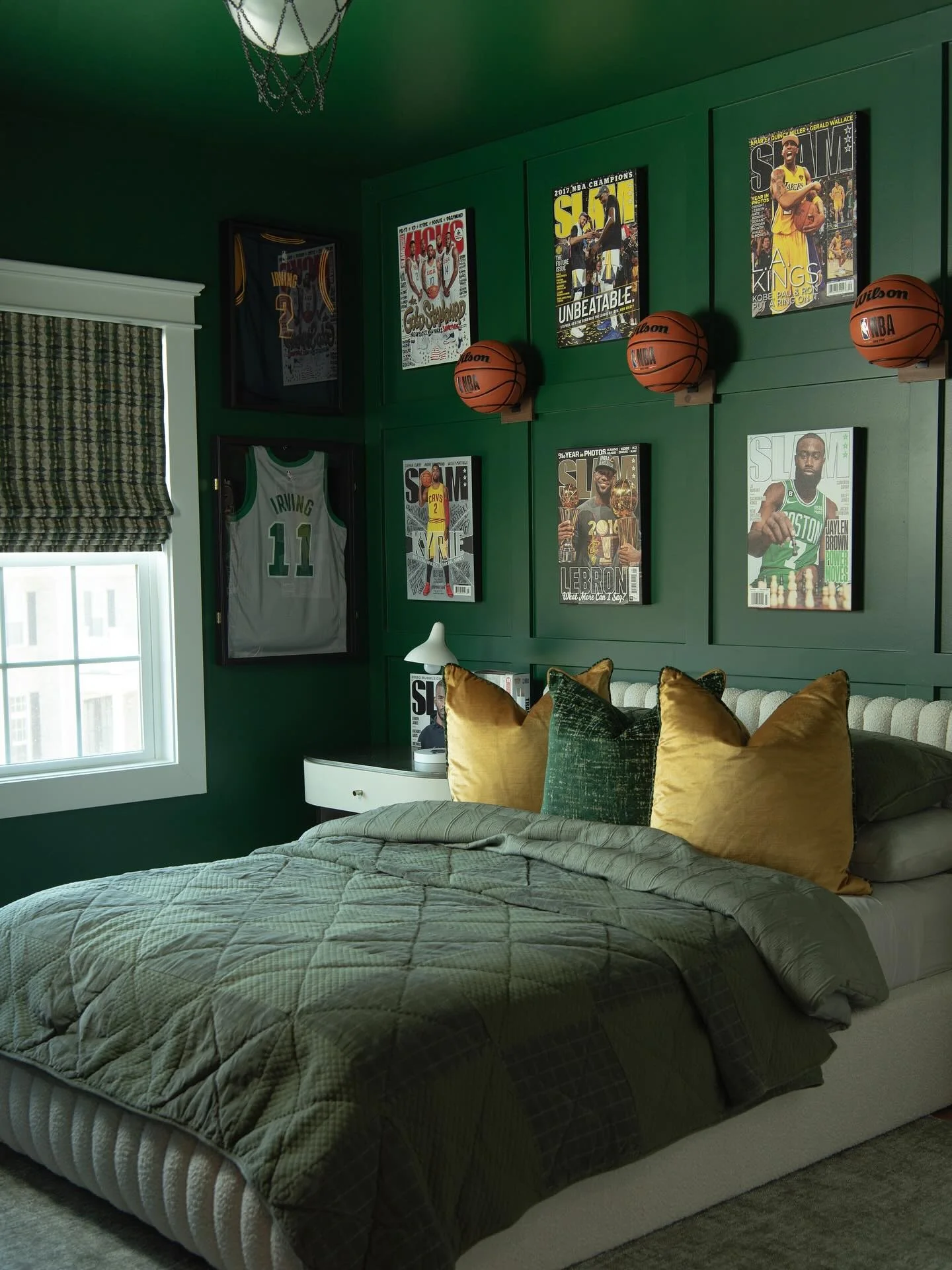 Vibrant Green Wall Showcasing Sports Memorabilia