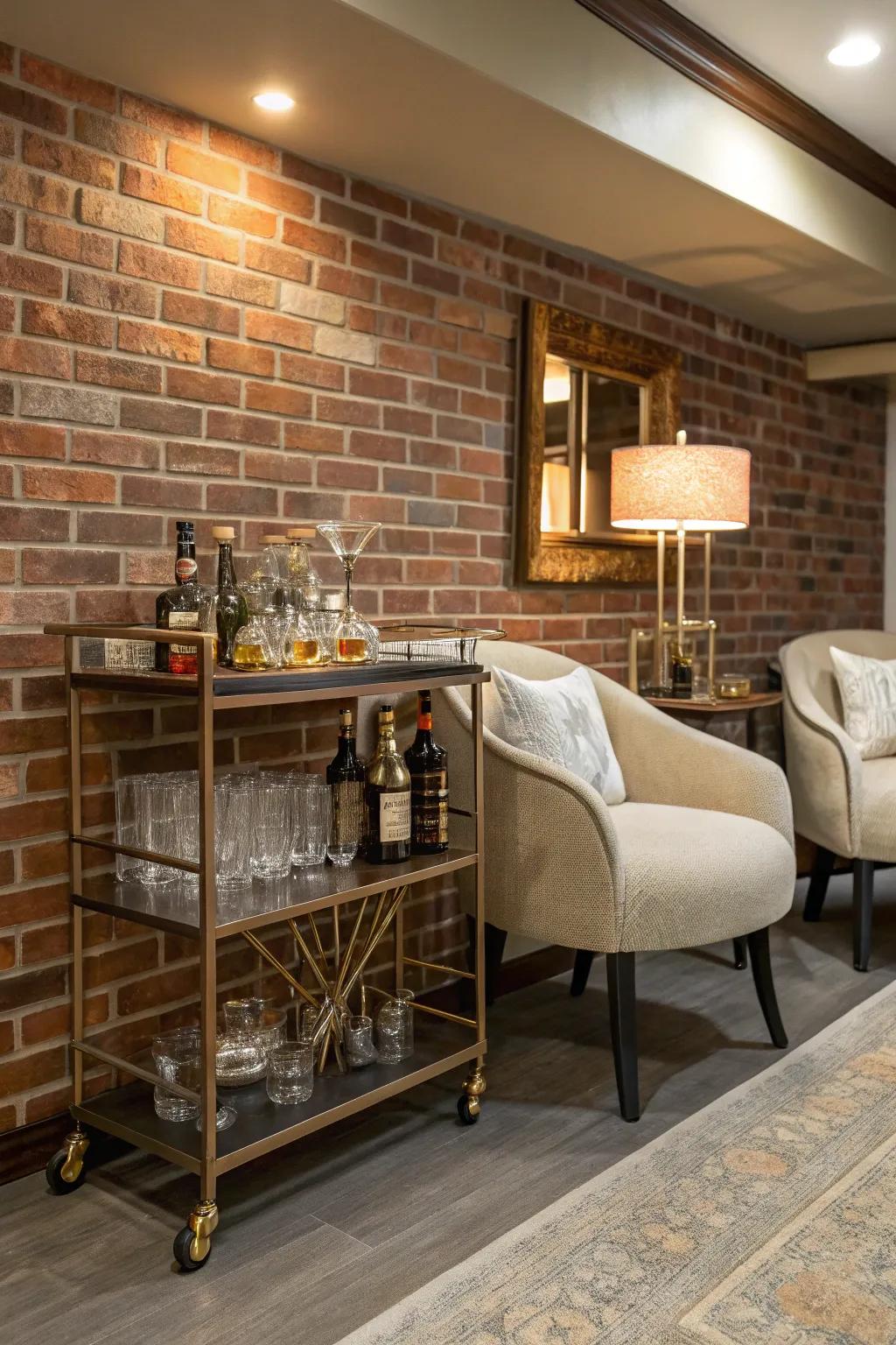 A chic home bar setup with a brick wall, ideal for entertaining guests.