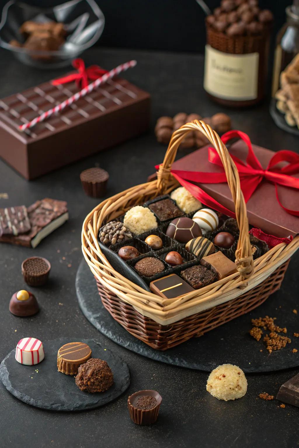 A chocolate lover's paradise in a basket.