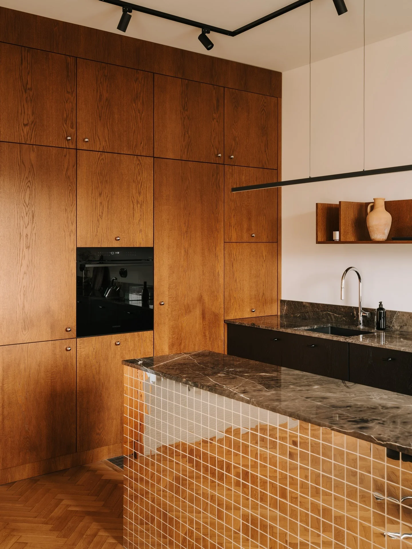 Earth-Toned Modernism with Dark Marble Accents (Wooden Kitchen Ideas)
