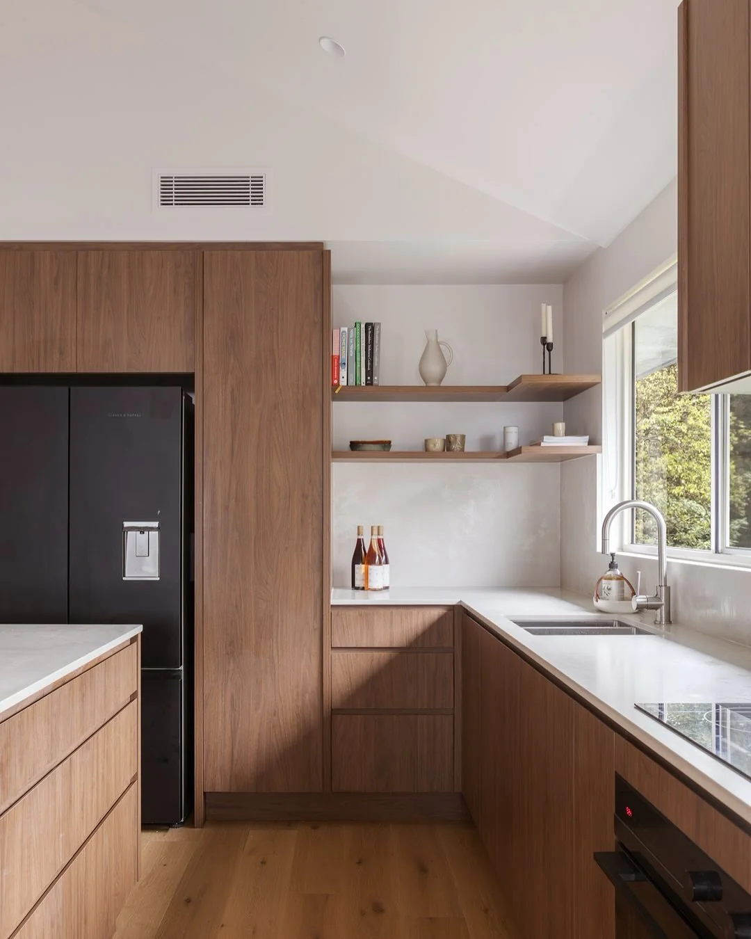 Minimalist Design with Open Shelving and Walnut Finishes (Wooden Kitchen Ideas)